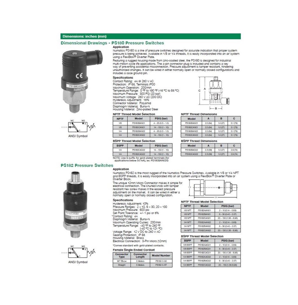 PS182CAN02-2 NUMATICS/AVENTICS PRESSURE SWITCH<BR>1/4" NPT 20-130 PSI (1) COM (2) N.C. (3) NU (4) N.O.